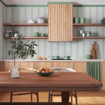 Wooden rustic kitchen and dining room in white and green tones. Cabinets an.. Stock Illustration