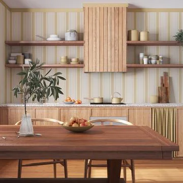 Wooden rustic kitchen and dining room in white and yellow tones. Cabinets a.. Illustrazione stock