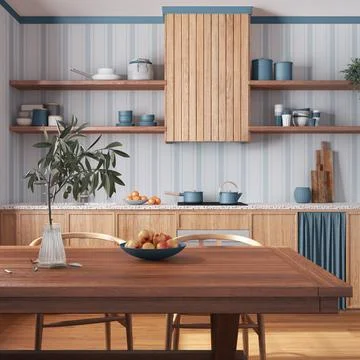 Wooden rustic kitchen and dining room in white and blue tones. Cabinets and.. Stock Illustration