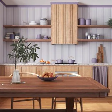 Wooden rustic kitchen and dining room in white and violet tones. Cabinets a.. Stock Illustration