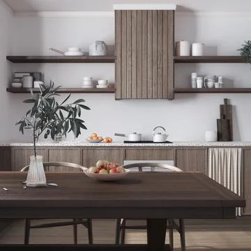 Wooden rustic kitchen and dining room in white and dark tones. Cabinets and.. Stock Illustration