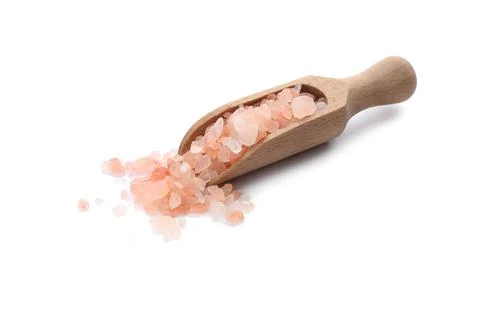 Wooden scoop with pink himalayan salt isolated on white Stock Photos