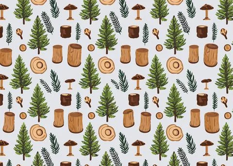 Wooden seamless pattern with pine tree and log. Vector illustration. Stock Illustration