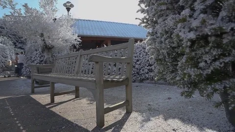Wooden seat in snow frozen smooth camera movement Stock Footage