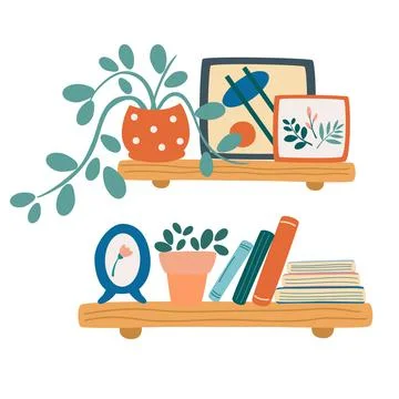 Wooden shelves with various objects on them. Books, flowers, frames with post Stock Illustration