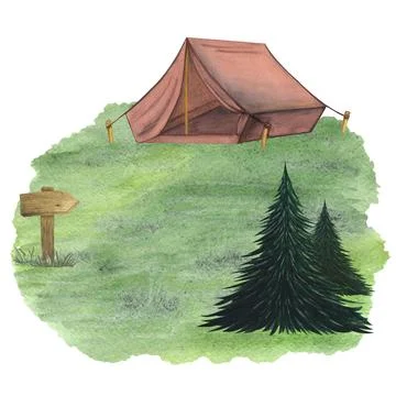 Wooden shields, pointers. Fir tree, spruce. Glade, field, edge. Tarp canvas Stock Illustration