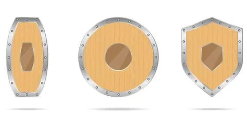 Wooden shields vector set medieval defense targets with steel frames Illustrazione stock