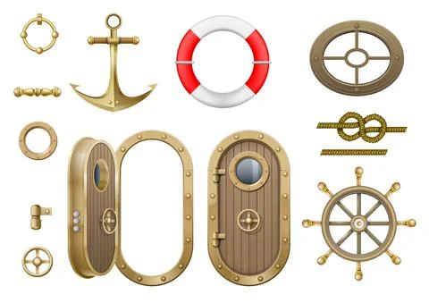 Wooden ship elements set door and porthole Stock Illustration