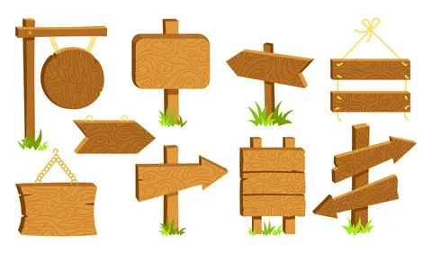 Wooden sign empty billboard flat cartoon set vector Stock Illustration
