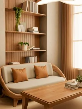 Wooden sofa and table aside recessed bookshelf with sunlight through window.. Stock Illustration