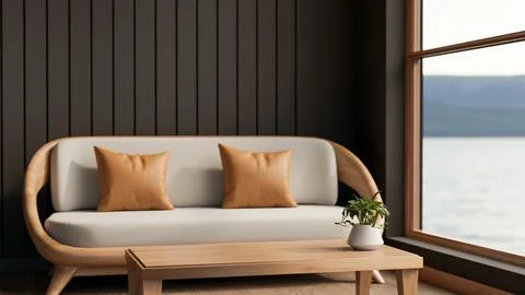 Wooden sofa and table aside black slats wall in a room with a sea or river .. Stock Illustration