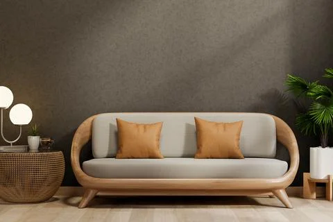 Wooden sofa couch with coffee and lamp on woven table and plant on parquet .. イラスト素材