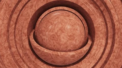 Wooden sphere inside of two hemispheres surrounded by moving rings in UHD Video stock 265869483