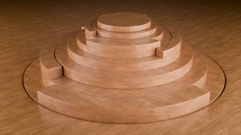 Wooden spiral structure showcasing layered circular shapes in a warm space Stock Footage 321008499