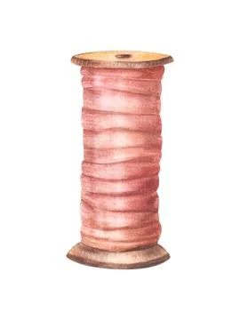Wooden spool of thread, silk ribbon in pink pastel color. Hand drawn watercolor 스톡 일러스트