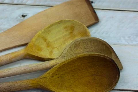 Wooden spoon on a rustic background Stock Photos