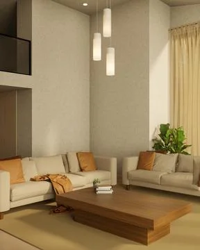 Wooden square table with sofa couch on carpet floor under ceiling hanging l.. Stock Illustration