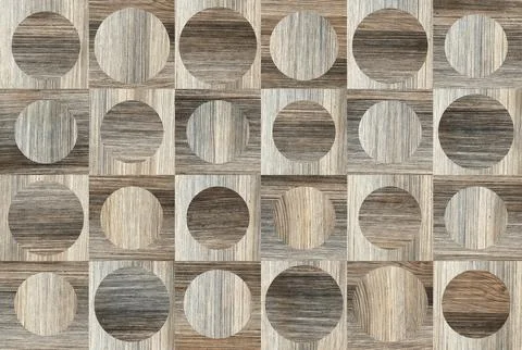 Wooden squares with circles create a patterned design. 스톡 일러스트