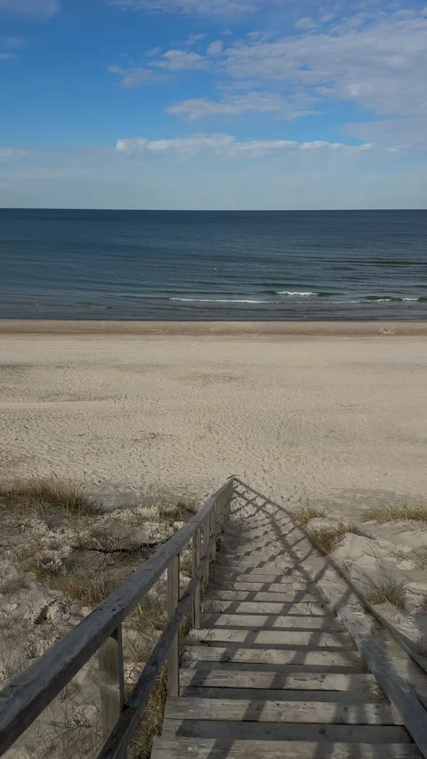 Wooden Stairs Over Dunes to Baltic Sea Beach Stock Footage 336560053