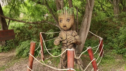 Wooden statue of marvel character "Groot" at a nature reserve near Cusco, Peru Stock Footage 288165157