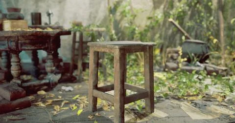 Wooden stool in a rustic setting surrounded by greenery and vintage items Illustrazione stock