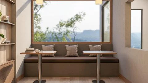 Wooden stool table and long bench with cushion pillows under glass window a.. Stock Illustration