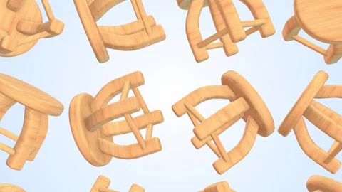 Wooden Stools Falling on a Light Background. Wooden Stool Chair 3D Animation. 4K Stock Footage 290858545
