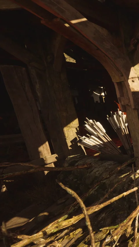 Wooden structure with arrows at sunset in an old barn Stock Footage 341031015