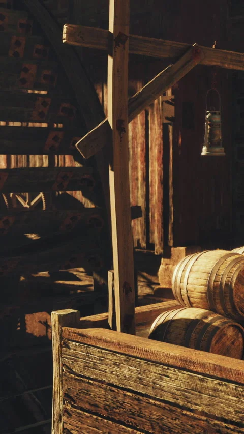 Wooden structure with bell and barrels near water wheel in rustic setting Stock Footage 337970552