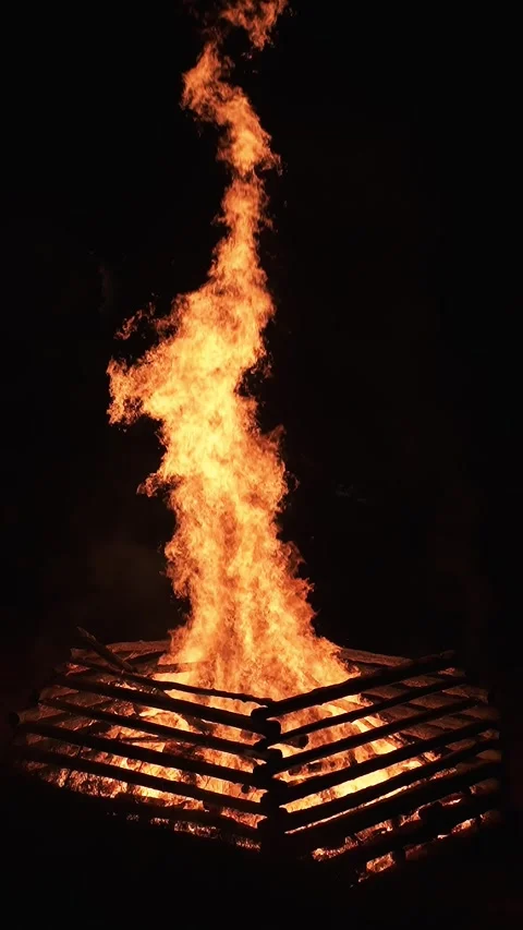 Wooden Structure on Fire in the Darkness, Vertical Slow Motion of Bonfire Flames Stock Footage 313830050