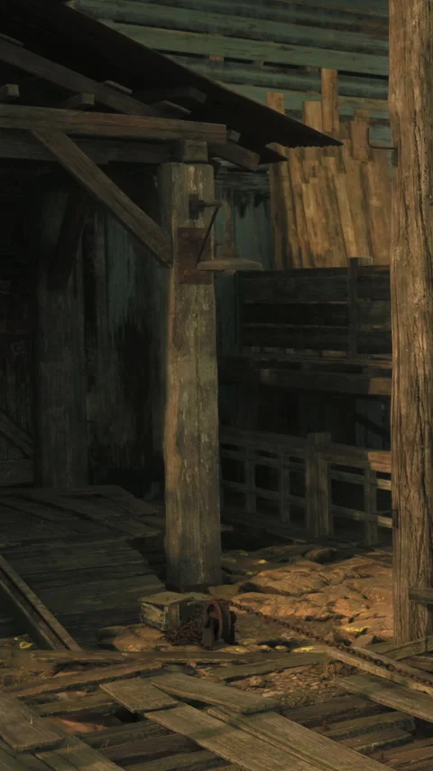 Wooden structure inside an old warehouse with storage areas and beams Stock Footage 341989296