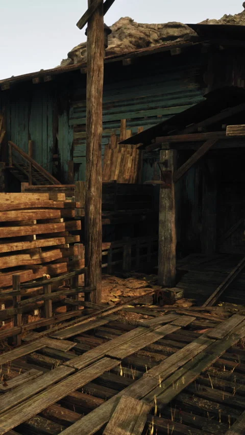 Wooden structure with pallets and tools at a build site in the afternoon Video stock 339390456
