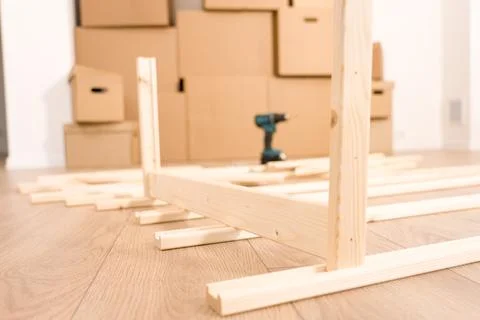 Wooden structure planks create a base for furniture Stock Photos