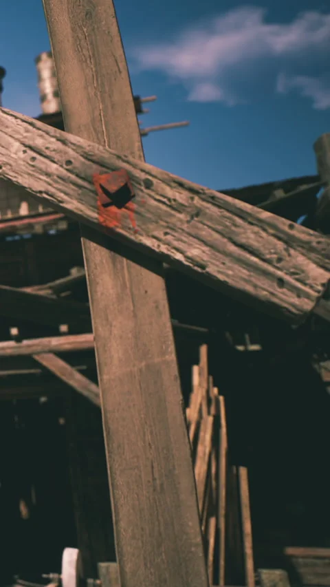 Wooden structure shows work in progress at construction site in daylight Stock Footage 338018742
