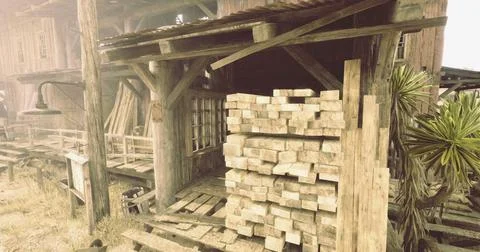 Wooden structure with stacked lumber in a rustic outdoor setting Stock Illustration