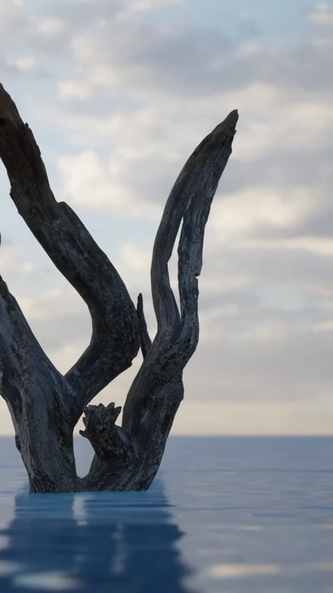 Wooden structure stands in water under cloudy sky near horizon Video stock 339510012