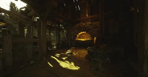 Wooden structure with sunlight illuminating a rustic fireplace interior Illustrazione stock