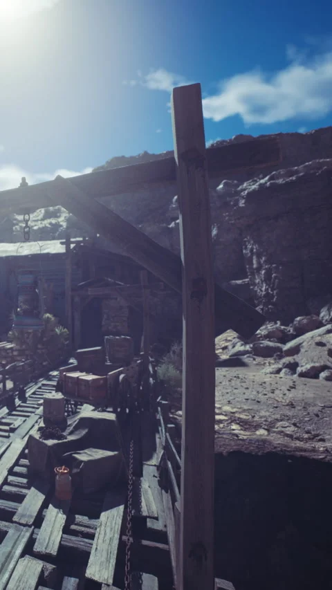 Wooden structure in a western style mining location during daytime Stock Footage 339042065