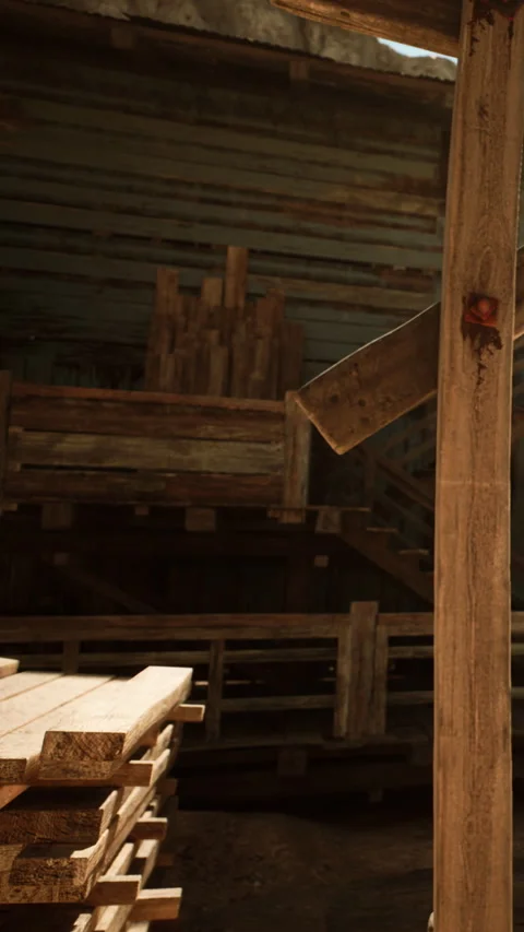 Wooden structures and materials are stacked inside a carpentry workshop Stock Footage 342100960