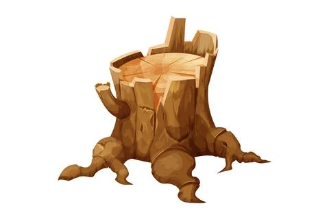 Wooden stump forest tree trunk with roots, cut section in cartoon style isolated Illustration