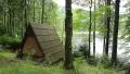 Wooden summerhouse by Synevir lake in Carpathian Mountains, Ukraine HD Footage