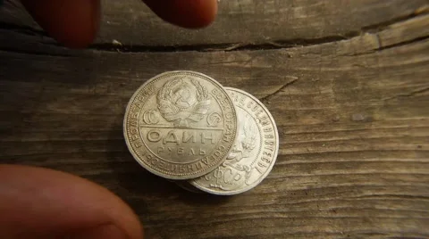 On Wooden Surface Old Soviet Silver Money Hands Turn it Close u Stock Footage 67168593