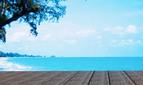 A wooden surface or table for taking pictures with a view of the sea, waves,  Stock Illustration