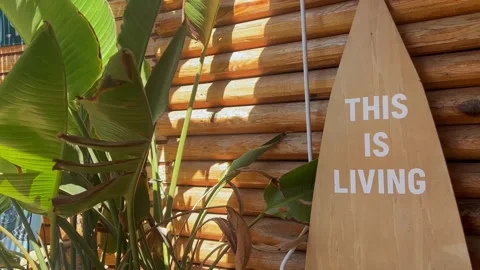Wooden surfboard with the uplifting slogan Video stock 289965601