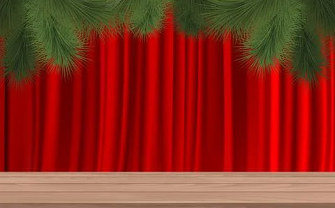 Wooden table and pine tree with red curtain background Stock Illustration