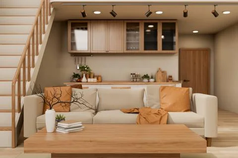 Wooden table and sofa couch across kitchen and dining room aside staircase .. Stock Illustration