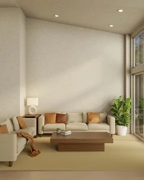 Wooden table and sofa couch on carpet floor and glass wall in modern living.. Ilustração Stock