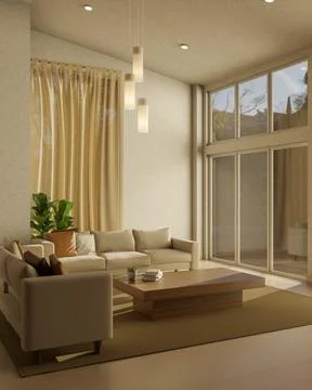 Wooden table and sofa couch on carpet floor under hanging lamp and glass wa.. Ilustração Stock