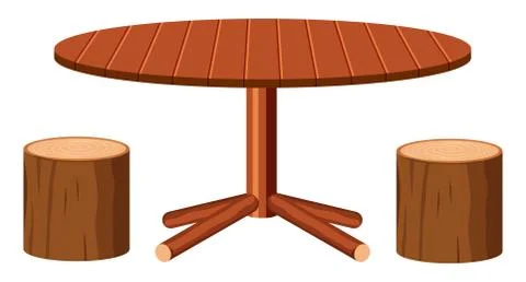 Wooden table and two log chairs on white background Stock Illustration