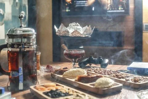 Wooden Table With Array of Food Trays Stock Photos